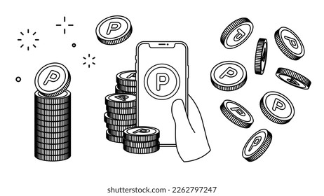 Coins of point set of stacked piles, smartphone, and falling at various angles
