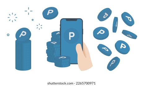 Monedas de juego puntual de pilas apiladas, smartphone y cayendo en varios ángulos