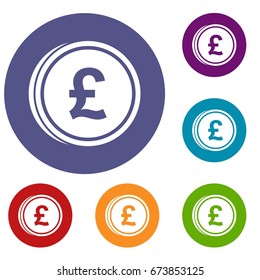 Coins of pound icons set in flat circle reb, blue and green color for web
