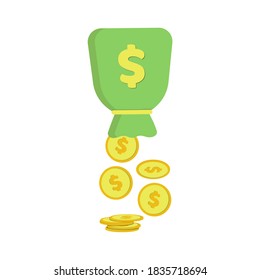 Coins are pouring, falling down from the bag of money. Vector icon, flat cartoon color design isolated on white background, eps 10.