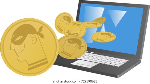 Coins with a profile of a masked criminal flowing from a laptop as a metaphor for digital money mining, EPS 8 vector illustration