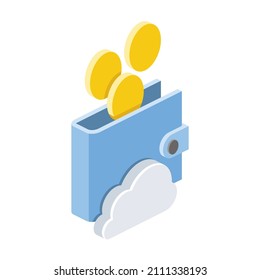 Coins purse cloud. Vector 3d line isometric, color web icons, new flat style. Creative design idea for infographics.