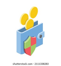 Monedas escudo de seguridad del monedero. Vector 3d línea isométrica, iconos de color web, nuevo estilo plano. Idea de diseño creativo para infografías.