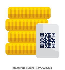 Münzen und qr-Code auf Papier Design der Technologie-Scan-Informationen Business-Kommunikation Barcode Digital-und Daten-Thema Vektorillustration Illustration
