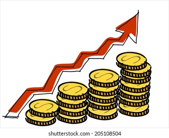Coins and red arrow