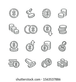 Iconos relacionados con monedas: conjunto de iconos de vector delgado, kit blanco y negro