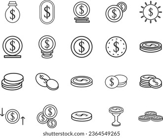 Coins related icons: thin vector icon set, black and white kit