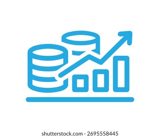Münzen und aufsteigende Grafik auf weißem Hintergrund, die in einem sauberen und modernen Design Finanzwachstum, Investitionen und wirtschaftlichen Fortschritt symbolisiert