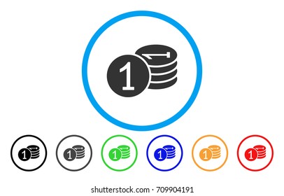 Coins rounded icon. Vector illustration style is a grey flat iconic coins symbol inside a circle. Additional color versions are black, grey, green, blue, red, orange.