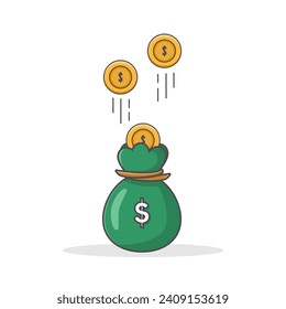 Coins in sack. Vector illustration of the concept of business and finance, investment and saving. Designed in a simple flat cartoon style, isolated on a white background.