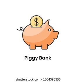 Coins saving piglet money box, flat icon of piggy bank 