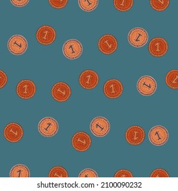 Coins seamless pattern. Hand drawn background from money. Repeated texture in doodle style for fabric, wrapping paper, wallpaper, tissue. Vector illustration.