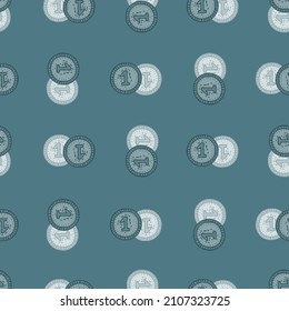 Coins seamless pattern. Hand drawn background from money. Repeated texture in doodle style for fabric, wrapping paper, wallpaper, tissue. Vector illustration.
