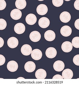 Coins seamless pattern. Hand drawn background from money. Repeated texture in doodle style for fabric, wrapping paper, wallpaper, tissue. Vector illustration.