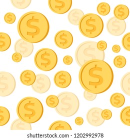 Coins seamless pattern - scattered golden dollars - vector background decoration element