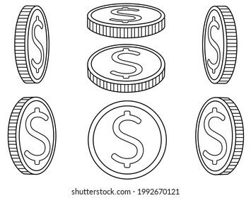 Coins. A set of coins from different angles. Abstract or game money drawn from different sides - vector linear picture for coloring. Outline. Metallic money - set.