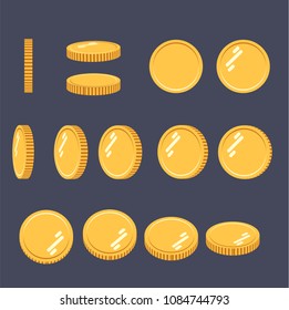 Coins set of vector sprites for rotation in different projections. Isolated gold coin set. For mobile, desktop and web applications and games. Digital currency