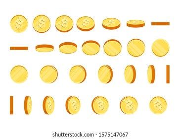 Coins set of vector sprites for rotation in different projections. Isolated gold coin set. For mobile, desktop and web applications and games. Digital currency