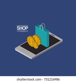 coins and shopping bags over smartphone colorful poster isometric shop online vector illustration