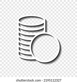 Coins simple icon vector. Flat design. White with shadow on transparent grid. 