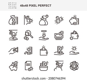 Monta iconos de línea simples. Iconos de finanzas y dinero, pagos y donaciones.  Pixel perfecto. 48x48 px