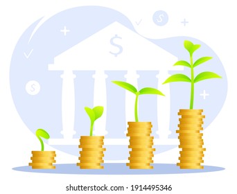 Coins with sprouts, bank background. Bank, budget, finance, savings, profit concept. Isolated vector illustration for flyer, poster, banner, advertising. 