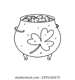 Coins in the st. patrick s pot decorated with clover in hand drawn doodle style. Vector illustration isolated on white. Coloring page.
