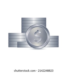 Las monedas se apilan con el signo del dólar. Plata 
Monedas metálicas realistas. Signo de moneda estadounidense. Ilustración vectorial 3D plana pila de monedas de diseño.