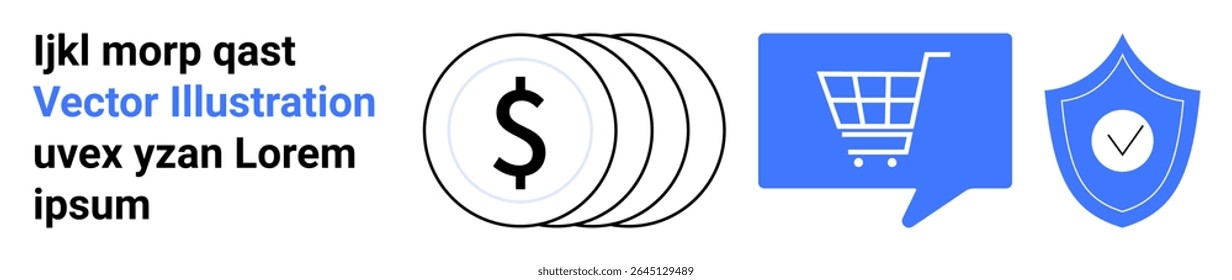 Coins stack with dollar symbol, blue shopping cart icon in chat bubble, shield with check mark. Ideal for online shopping, financial transactions, e-commerce, security, payment solutions, financial