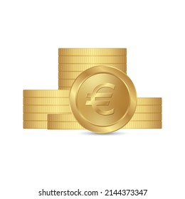 Münzen stapeln mit Euro-Zeichen. Gold 
Realistische Münzen mit Euro-Zeichen. Flaches 3D-Vektorgrafik Design-Münzfleck.