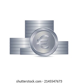 Coins stack with Euro Sign. Silver 
Realistic metallic coins set. EUR Currency Sign. Flat 3D vector illustration Design Coins pile.