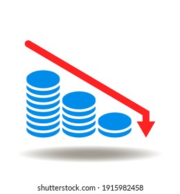 Coins stack fall chart vector icon. Financial down symbol. Business Money Loss Logo. Recession illustration.