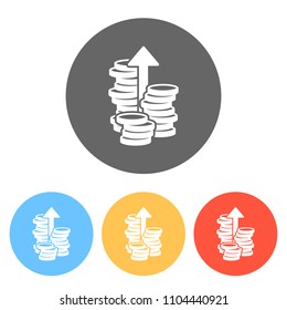 Coins stack, finance grow, up arrow. Set of white icons on colored circles