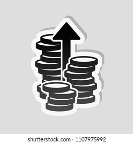 Coins stack, finance grow, up arrow. Sticker style with white border and simple shadow on gray background