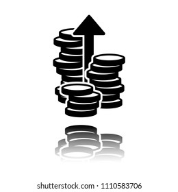 Coins stack, finance grow, up arrow. Black icon with mirror reflection on white background