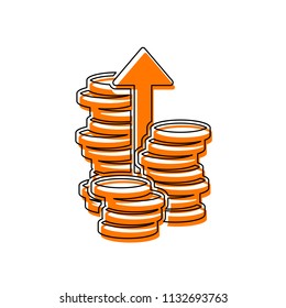 Coins stack, finance grow, up arrow. Isolated icon consisting of black thin contour and orange moved filling on different layers. White background