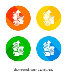 Coins stack, finance grow, up arrow. Flat white icon on colored circles background. Four different long shadows in each corners