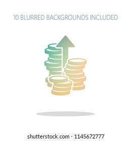 Coins stack, finance grow, up arrow. Colorful logo concept with simple shadow on white. 10 different blurred backgrounds included