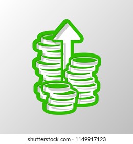 Coins stack, finance grow, up arrow. Paper style. Cut symbol with green bold contour on shape and simple shadow