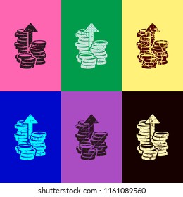 Coins stack, finance grow, up arrow. Pop art style. Scratched icons on 6 colour backgrounds. Seamless pattern