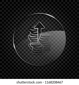 Coins stack, finance grow, up arrow. Icon in circle glass bubble on dark transparent grid. Glass style