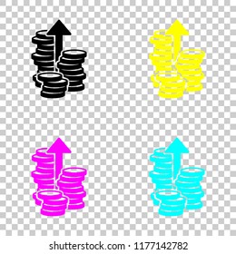 Coins stack, finance grow, up arrow. Colored set of cmyk icons on transparent background