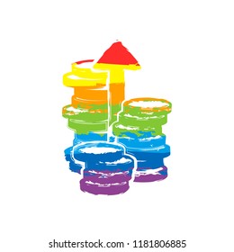 Coins stack, finance grow, up arrow. Drawing sign with LGBT style, seven colors of rainbow (red, orange, yellow, green, blue, indigo, violet