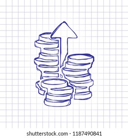 Coins stack, finance grow, up arrow. Hand drawn picture on paper sheet. Blue ink, outline sketch style. Doodle on checkered background