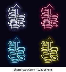 Coins stack, finance grow, up arrow. Set of neon sign. Casino style on dark background.