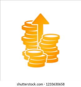 Coins stack, finance grow, up arrow. Orange sign with low light on white background