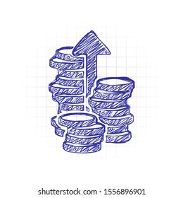 Coins stack, finance grow, up arrow. Hand drawn sketched picture with scribble fill. Blue ink. Doodle on white background