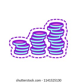 Coins stack, finance grow. Colored sketch with dotted border on white background