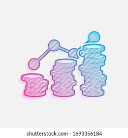 Acumulación de monedas, crecimiento de las finanzas. Logo coloreado con líneas diagonales y degradado azul-rojo. Gráfico neón, efecto ligero