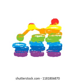 Coins stack, finance grow. Drawing sign with LGBT style, seven colors of rainbow (red, orange, yellow, green, blue, indigo, violet